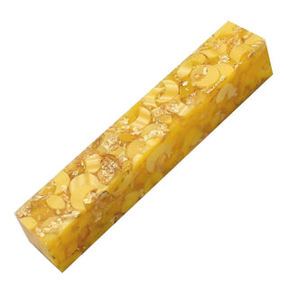 Gilded Moons Golden Sun Acrylic Pen Blank with yellow crescent shapes and metallic gold flakes in clear resin