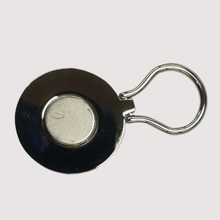 Black retractable keychain with a metal clip on a white background
