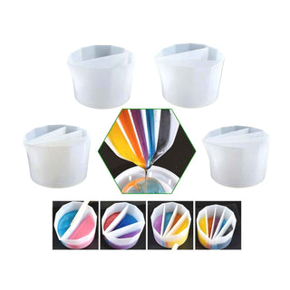 Silicone split cups for resin casting with multiple compartments for pouring multi-color resin and creating swirl patterns.
