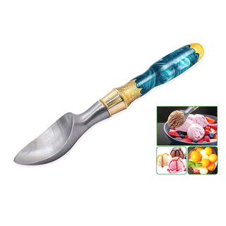 Stainless steel and gold ice cream scoop kit with threaded insert for custom turned handles and kitchen projects. Lifestyle