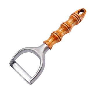 Y-shaped serrated vegetable peeler with custom hand-turned wooden handle