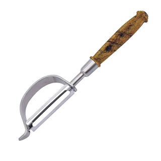 D-Shaped stainless steel vegetable peeler with custom hand-turned wood handle