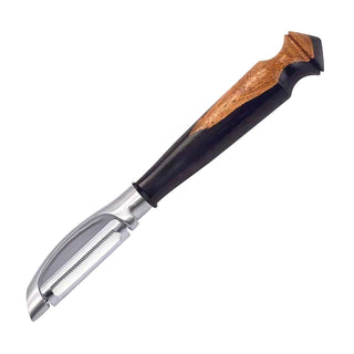 D-shaped serrated vegetable peeler with custom wood  hand-turned handle