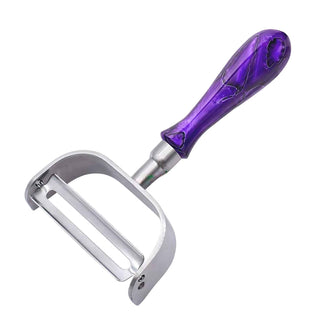 Y-Shaped stainless steel vegetable peeler with custom turned purple acrylic handle
