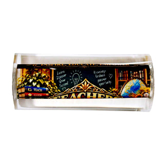Teacher Pen Blank by John U with classroom artwork featuring chalkboard, books, globe, flowers, and inspirational education imagery.