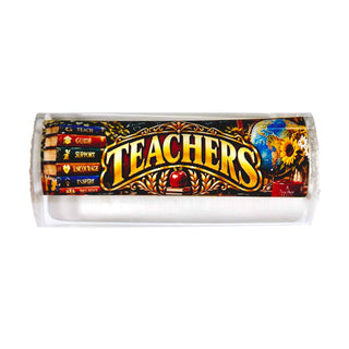 Teacher Pen Blank by John U with classroom artwork featuring chalkboard, books, globe, flowers, and inspirational education imagery.