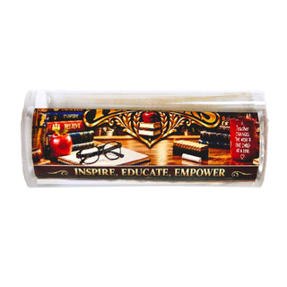 Teacher Pen Blank by John U featuring apple, eyeglasses, books, chalk, classroom desk, and Inspire Educate Empower message.