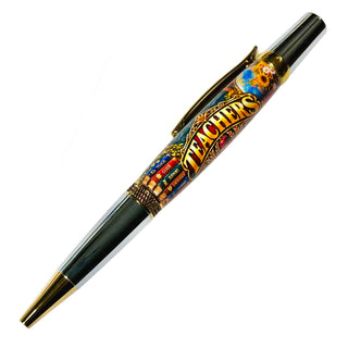 Finished Sierra-style teacher pen made with a John U Teacher Pen Blank featuring colorful Teachers artwork, books, apple, and globe.