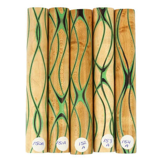 Three Veneer Serpentine Pen Blanks - Birdseye Maple W/ Black & Emerald Veneers #150-154A