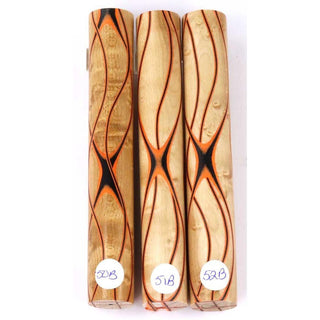 Three Veneer Serpentine Pen Blanks - Birdseye Maple W/ Black & Orange Veneers #50-52B