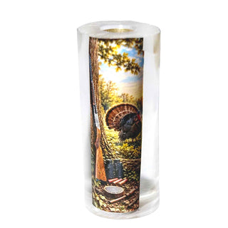 Turkey Hunter Pen Blank by John U featuring a wild turkey in full strut, shotgun, binoculars, turkey call, and woodland hunting scene.