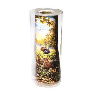 Pre-tubed Turkey Hunter Pen Blank by John U featuring wild turkeys in a sunlit woodland setting with detailed outdoor hunting artwork.