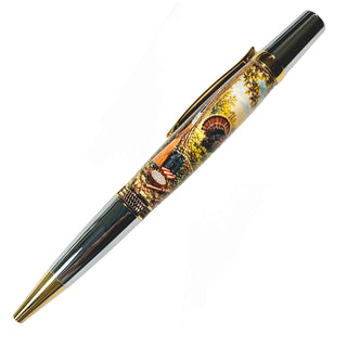 Finished Sierra-style pen made with the Turkey Hunter Pen Blank by John U featuring a strutting wild turkey, hunting gear, and woodland scenery.