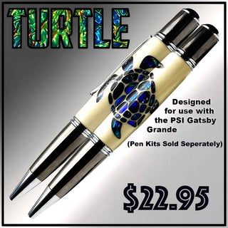 Turtle Dichrolam® Laser Cut Inlay Kit featuring a detailed sea turtle design with color-shifting Dichrolam® accents and a laser-cut stabilized wood blank for PSI Gatsby Grande twist pen kits.