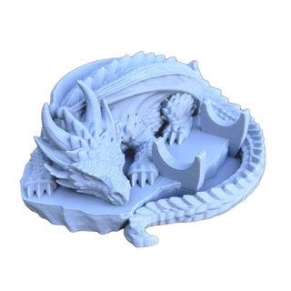Unpainted 3D-printed Sleeping Dragon Pen Stand by artist John U. A fantasy-themed display for handmade pens