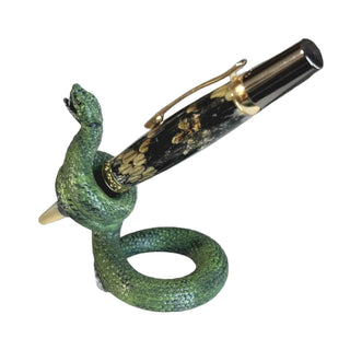 3D Printed Viper Pen Holder by artist John U., hand-painted in lifelike detail. A bold, snake-themed display stand for handmade pens. Shown with a snake pen.