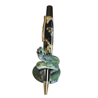 3D Printed Viper Pen Holder by artist John U., hand-painted in lifelike detail. A bold, snake-themed display stand for handmade pens. Shown with a snake pen. Head on view