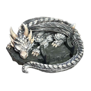 White Hand-painted 3D-printed Sleeping Dragon Pen Stand by artist John U. A fantasy-themed display for handmade pens