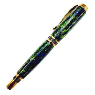 Witch’s Brew Alumilite pen blank turned on a Diamond Knurl pen with gold and black hardware