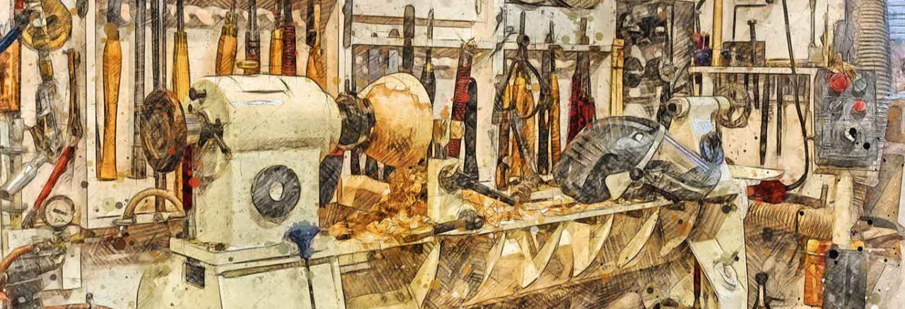 Woodturning Lathe and Woodtuning workshop sketch. Artwork