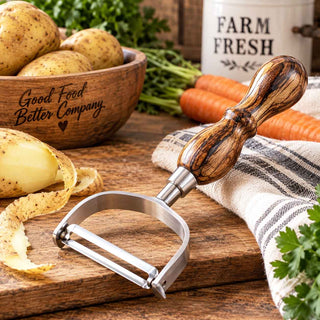 A stainless steel vegetable peeler Kit, Y-style with a polished wood-grain handle, rests on a rustic wooden table surrounded by fresh produce.